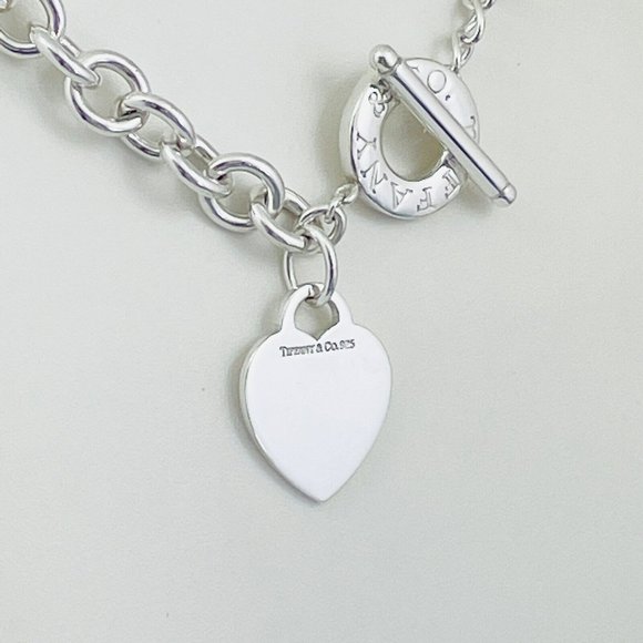 18" Tiffany & Co Silver Blank Heart Tag Toggle Necklace with Blue Pouch - Picture 4 of 6